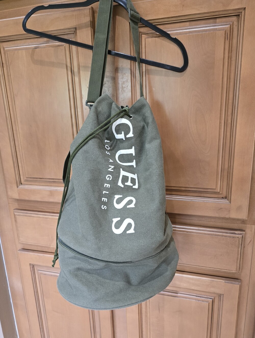 GUESS Olive Green Canvas Drawstring Sling Backpack